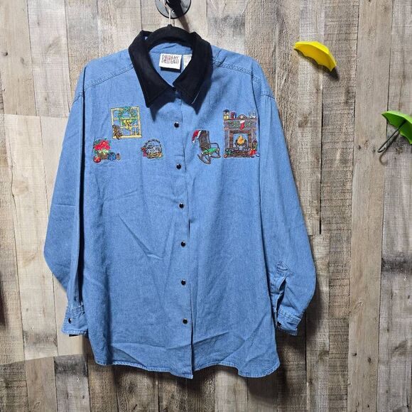 Bil Blass Vintage 90s Denim Christmas Collage Winter Embroidered Button Up Shirt - Picture 1 of 5
